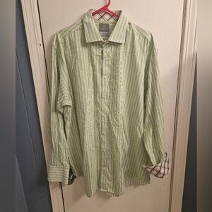 Men's Thomas Dean Green Striped Button-Up Shirt with Flip Cuffs 2XL XXL